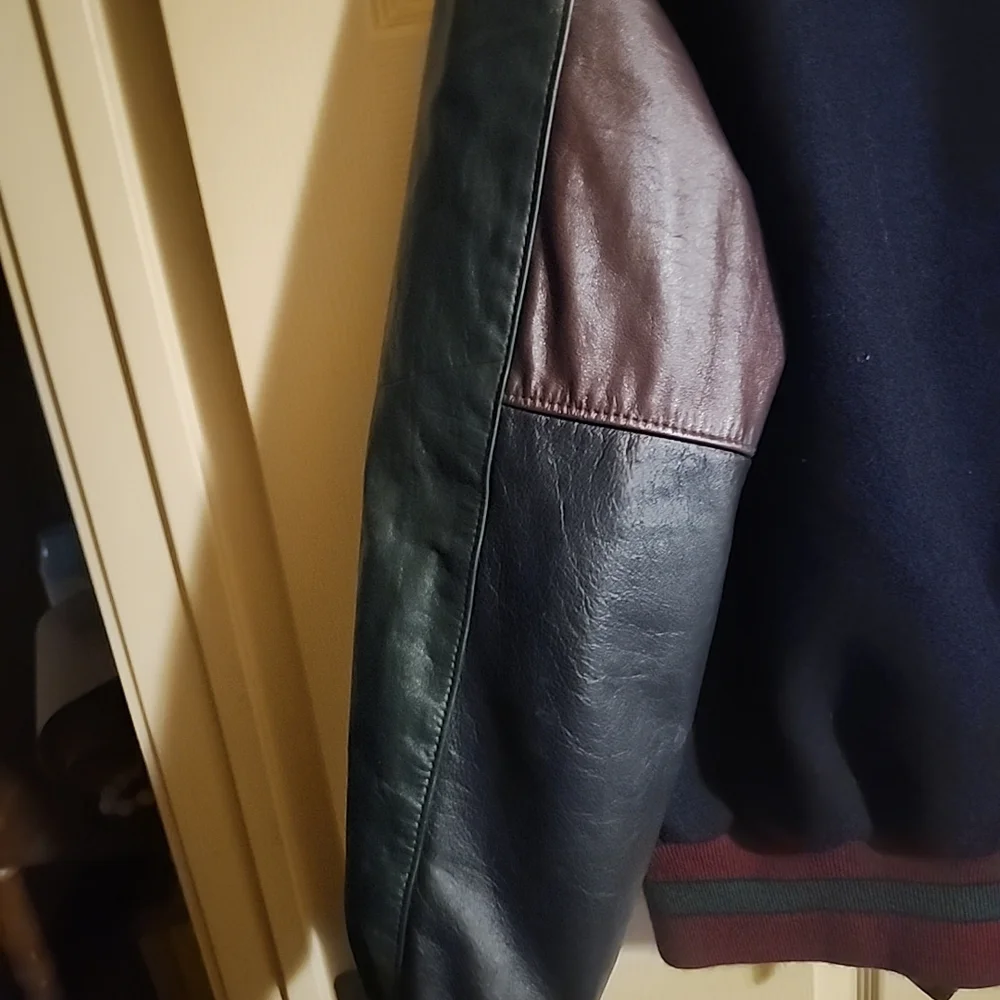Holloway Black Navy Wool & Leather Bomber Jacket Varsity